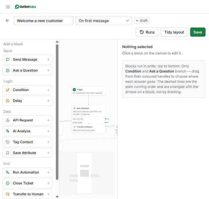GetSetSales visual automation builder showing a welcome flow and available blocks
