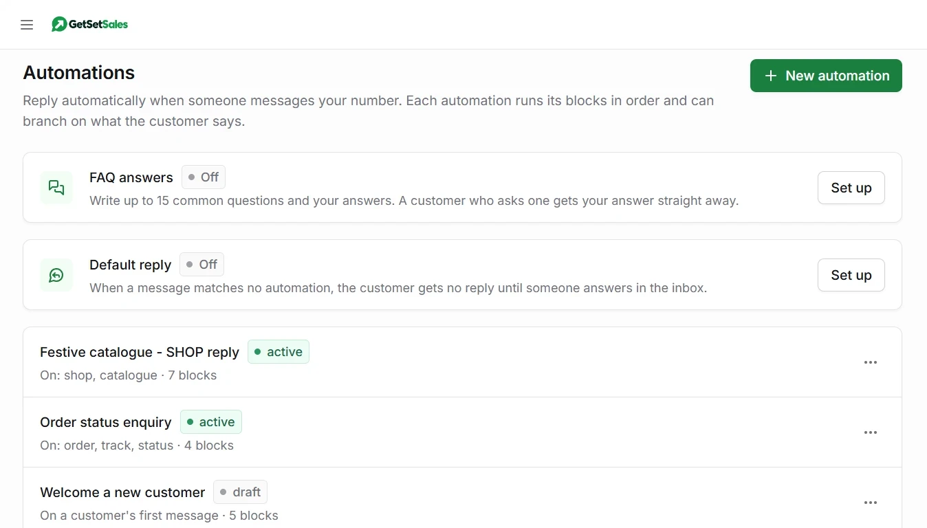 The Automations page in GetSetSales: FAQ answers and Default reply at the top, then three automations, two active and one draft, each showing what triggers it