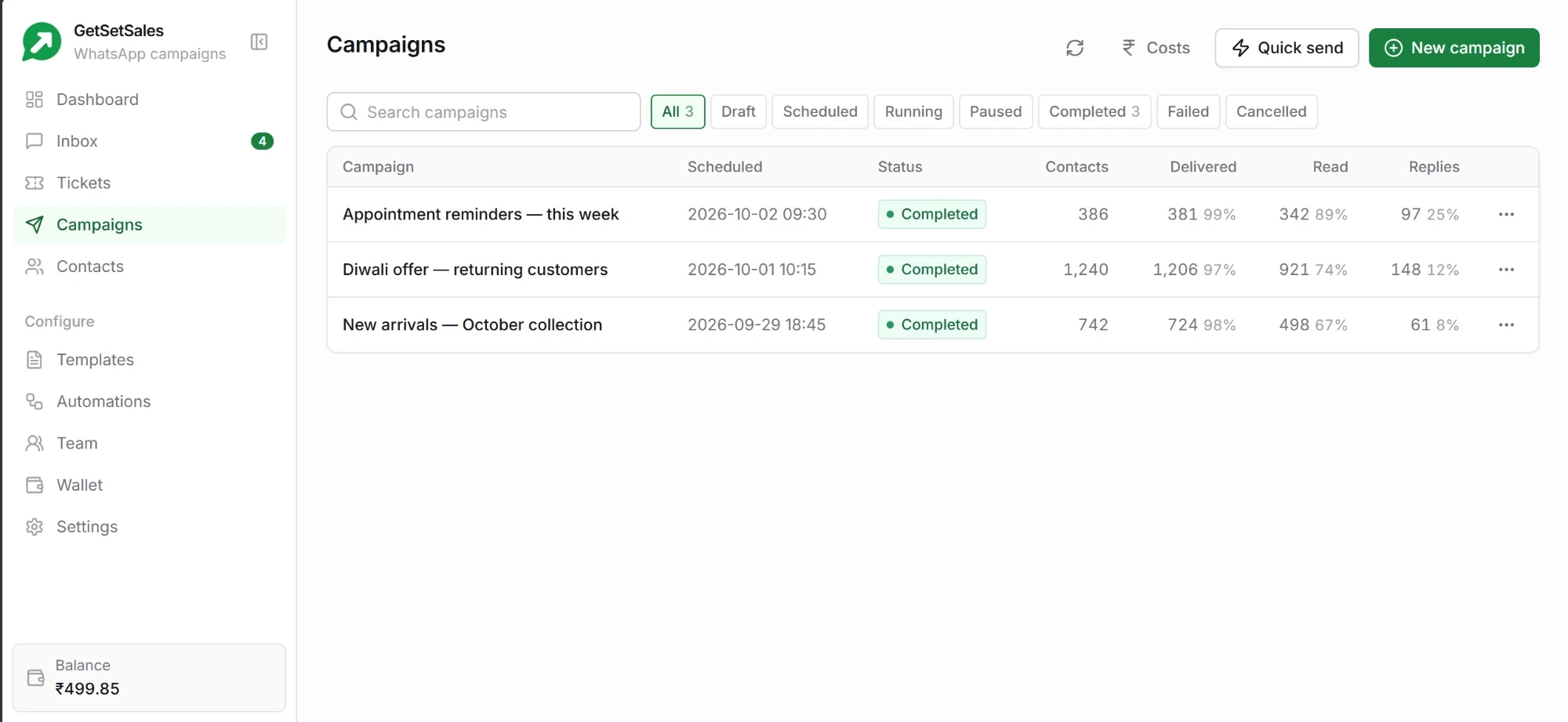 GetSetSales launch your first whatsapp campaign product preview