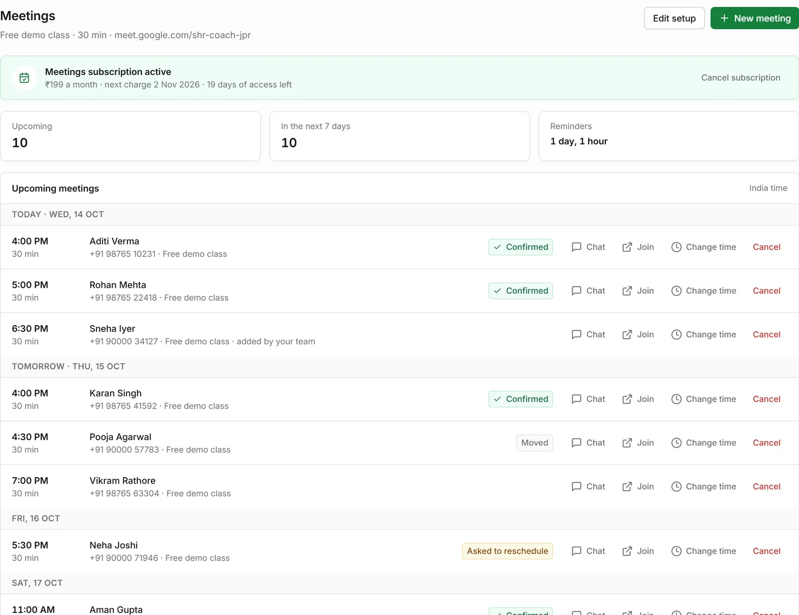 The Meetings page: subscription status, upcoming meetings grouped by day, with chat, join, change time and cancel for each