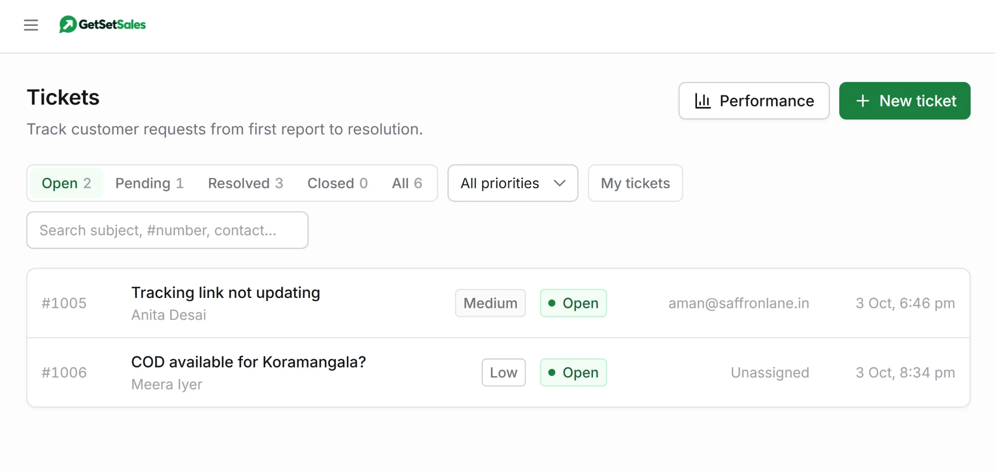 A list of open tickets, each with its number, subject, customer, priority, status and assigned agent